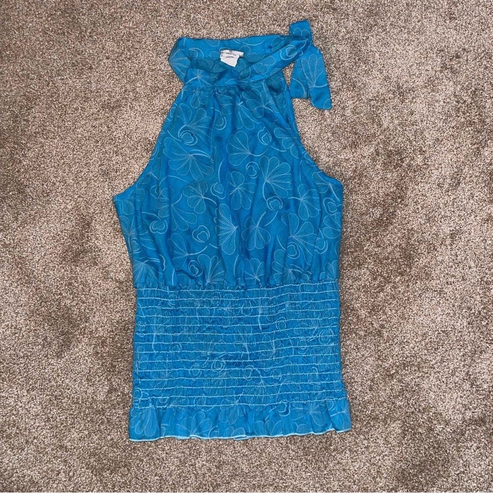 Blue Ruffled Tie Front Sleeveless Tank Top‎